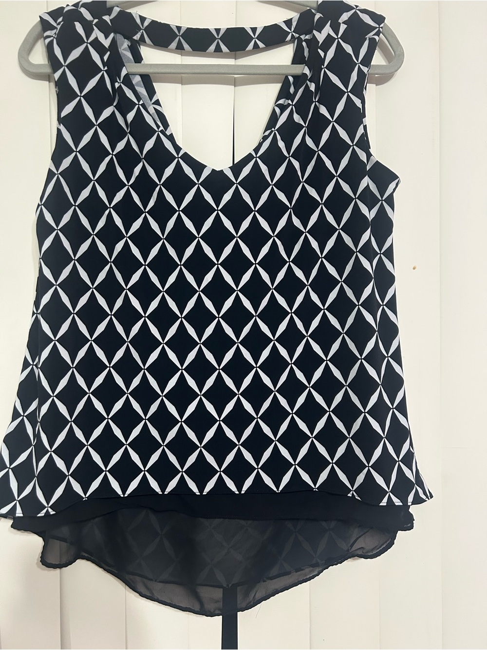 White House Black Market Black & White Geometric Drape Neck Blouse